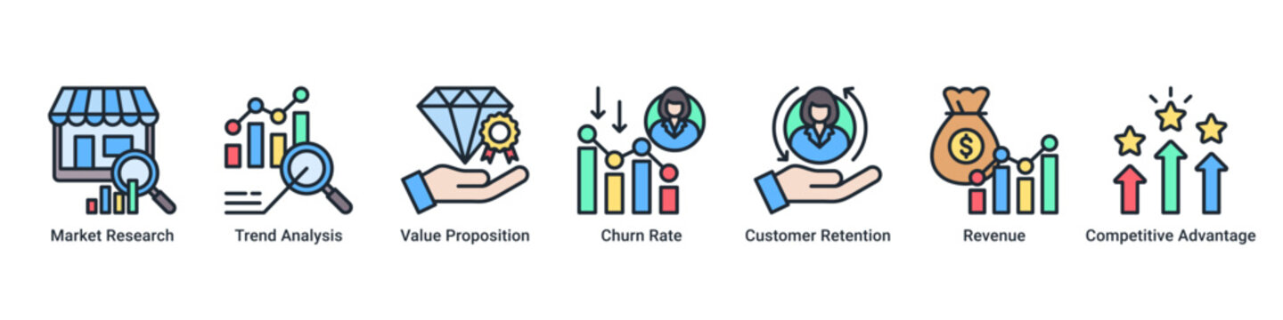 Market Strategy web banner icon vector illustration with Market Research, Trend Analysis, Value Proposition, Churn Rate, Customer Retention, Revenue and Competitive Advantage
