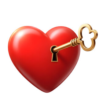 Red heart with golden padlock and key for love security
