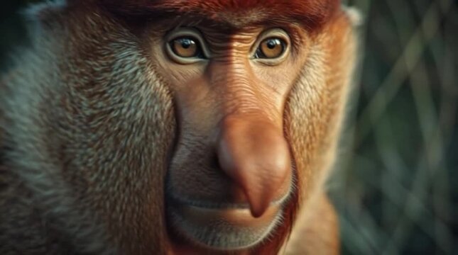 Close Up Proboscis Monkey Face Portrait in Tropical Rainforest 4K