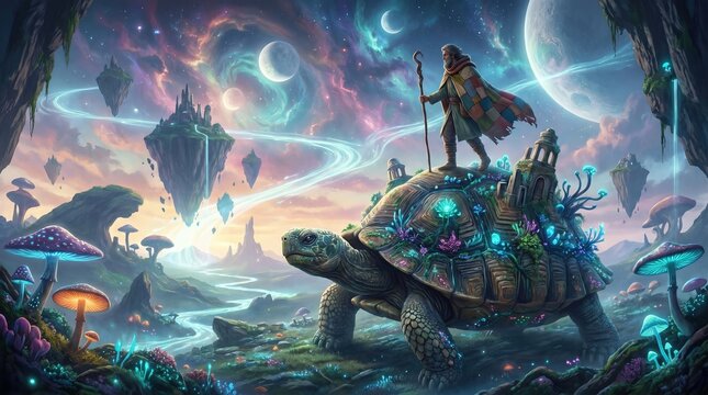 Surreal Dreamlike Landscape with Giant Turtle and Wizard