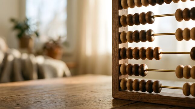 Wooden abacus on table for math learning in a bright school room