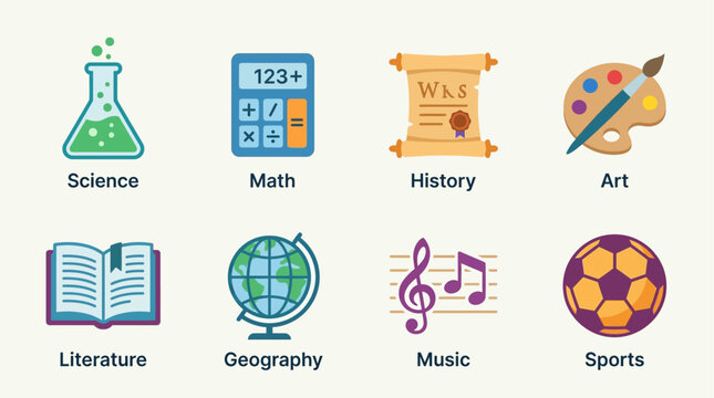 A diverse flat design icon set illustrating various academic subjects, perfect for educational content and school program representations. 