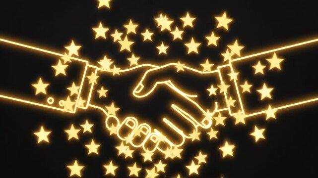 Nelson Mandela Day 2D animated handshake icon loop, diverse hands joining in gold on dark background, solidarity and unity graphic for humanitarian campaigns