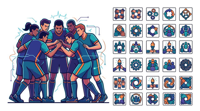 Vector illustration of a diverse sports team in a huddle joining hands for unity alongside a grid of 25 flat icons depicting teamwork, collaboration, synergy, and business strategy.