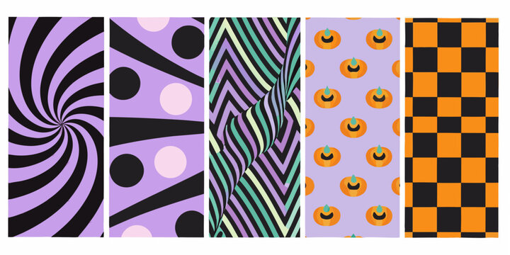 Colorful spiral chevron pumpkin and checkerboard pattern collection vector illustration