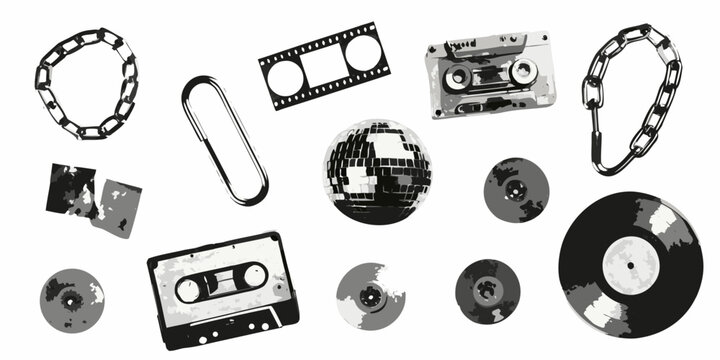 Music History Objects Vinyl Records Cassettes And Film Strips Illustration