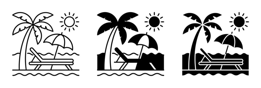 3 Tropical beach silhouette icons, palm trees, sun, lounge chair, solid black style, travel