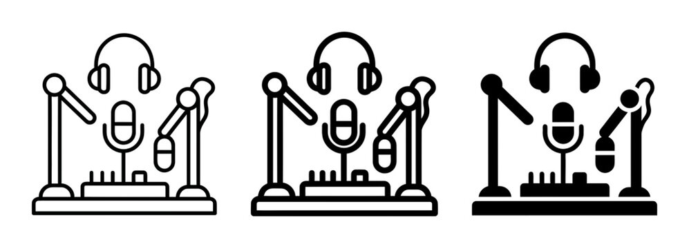 3 Radio Host silhouette icons, podcasting set, solid black style, media