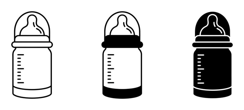 3 Baby bottle icons, outline, solid black style, nursery, feeding