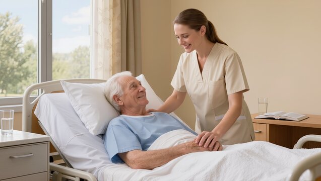 Nurse Caring for Elderly Patient in Hospital Bed