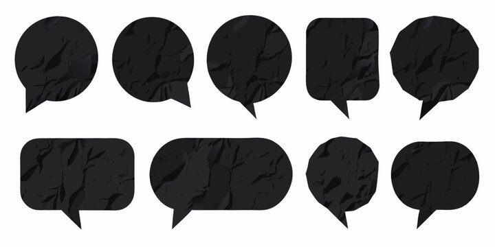 Black speech bubble silhouettes with textured fill isolated on white