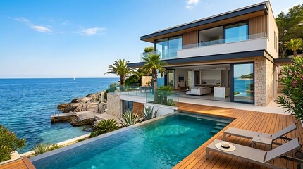 Fototapeta premium Coastal modern home with stone walls and wooden accents