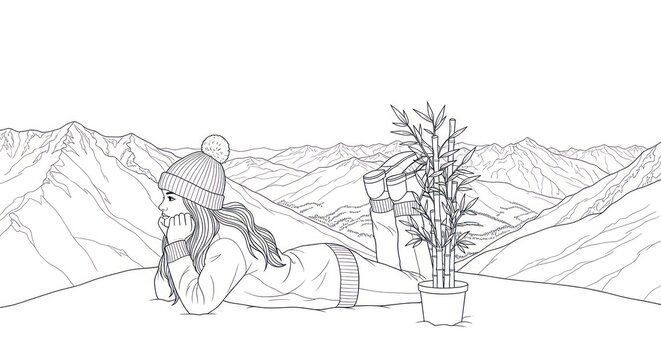 Girl lying on the ground with a potted plant, mountain landscape