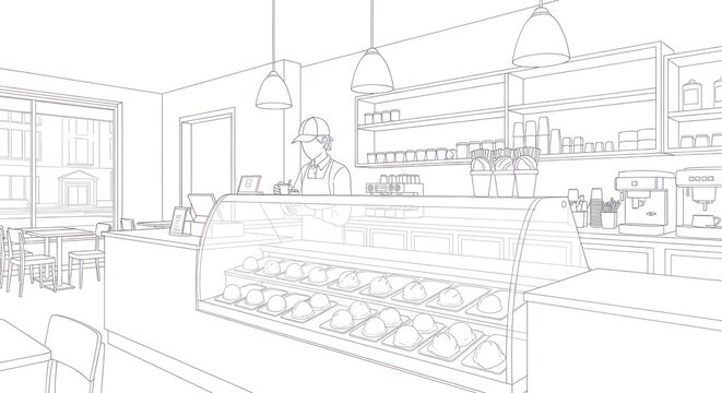 Interior of a modern bakery showcasing display case and shelves