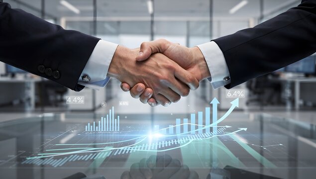 Finance and business partnership banner with two businessmen handshake and rising chart arrows