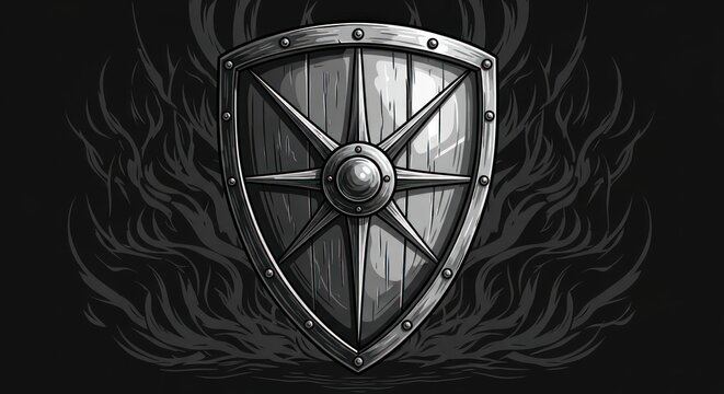 A metallic shield with intricate detailing, set against dark flames