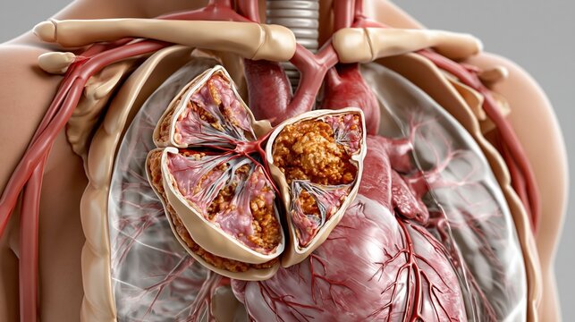 Anatomical medical illustration of human chest cavity with highlighted enlarged pathological thymus gland associated with myasthenia gravis, surrounding heart and lungs shown in translucent detail