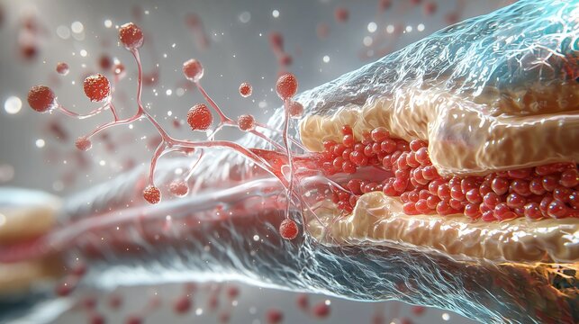 Medical illustration of neuromuscular junction in myasthenia gravis, showing acetylcholine release and receptors blocked by red autoantibodies