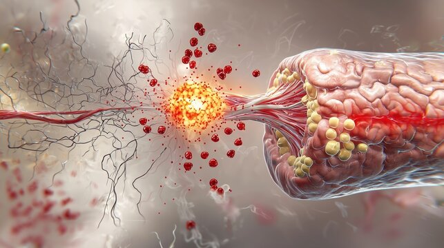 Medical illustration of neuromuscular junction in myasthenia gravis, showing acetylcholine release and receptors blocked by red autoantibodies