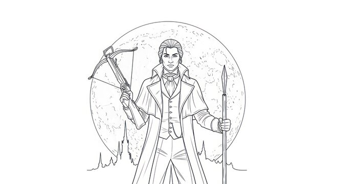 Line drawing of a female warrior holding axe and spear outdoors