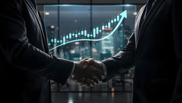 Corporate banner of two businessmen shaking hands with a stock and finance chart background