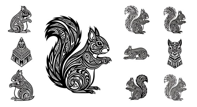 Set of black and white tribal squirrel drawings