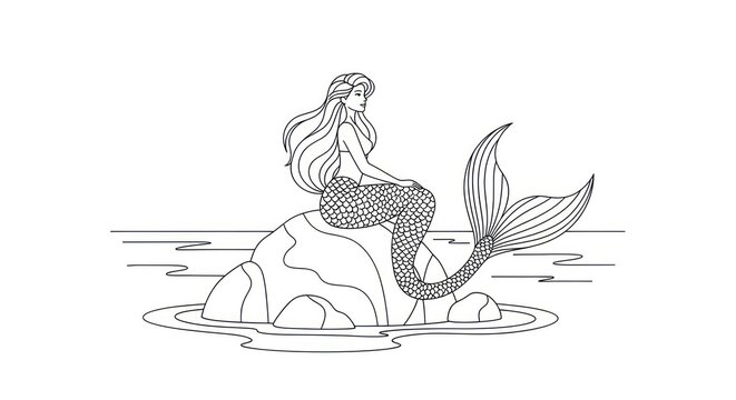 Elegant mermaid sitting on a rock by the water's edge with flowing hair