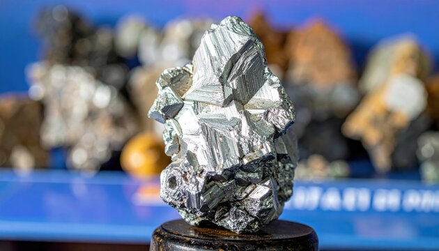 A rough hewn chunk of titanium ore with sharp edges and a metallic grey luster rests on a dark base