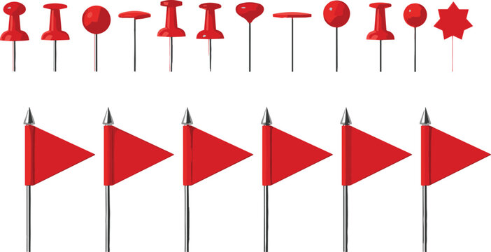 Red push pin and marker flag vector illustration set with office stationery and map navigation elements isolated