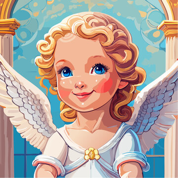 Smiling Cherubic Angel Child Illustration with Blonde Curls and Blue Eyes in Baroque Style