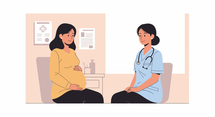 Fototapeta premium Pregnant Woman Consults Doctor, Medical Check-up, Healthcare Clinic Illustration