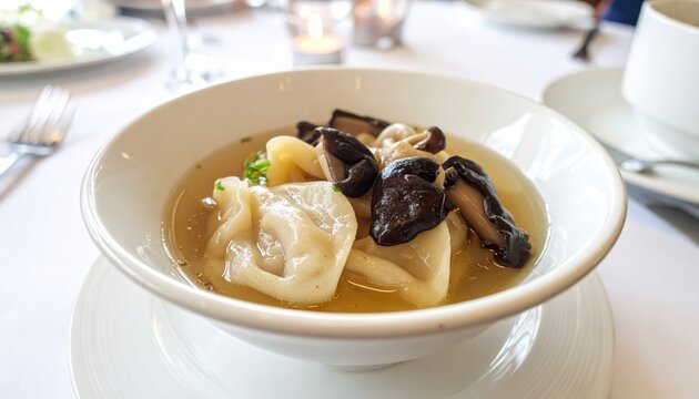 Steamed fish maw and mushroom dumplings in a delicate savory broth