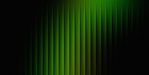 Abstract background featuring glowing vibrant green vertical lines with a smooth gradient effect on a dark black textured surface area © mis