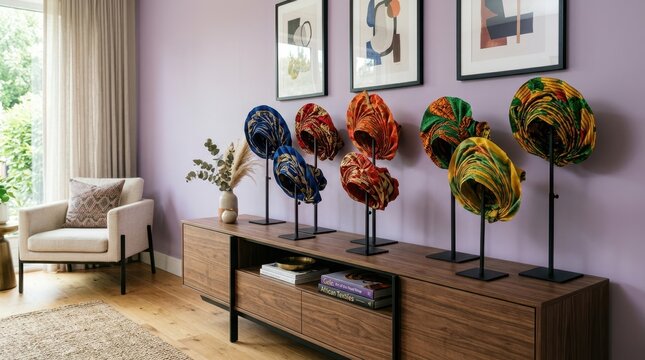 Vibrant African headwraps displayed as decorative art in a modern living room