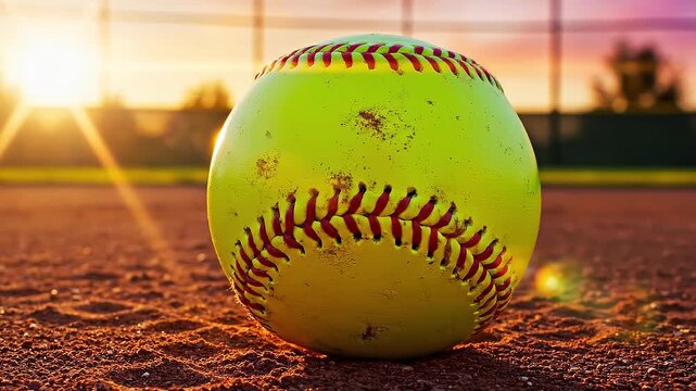 Close up of a worn softball on a dirt field with sunlight and fence background in the evening