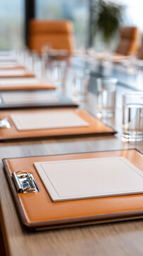 Boardroom Ready: An empty boardroom with polished wooden table, leather chairs, and notepads set for a meeting, overlooking a serene landscape.
