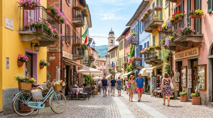 Obraz premium Charming Italian street lined with colorful buildings and blooming flowers