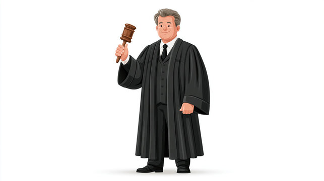 Judge Holding Gavel: A distinguished judge in a black robe holds a wooden gavel, ready to preside over a court session, symbolizing justice and authority.