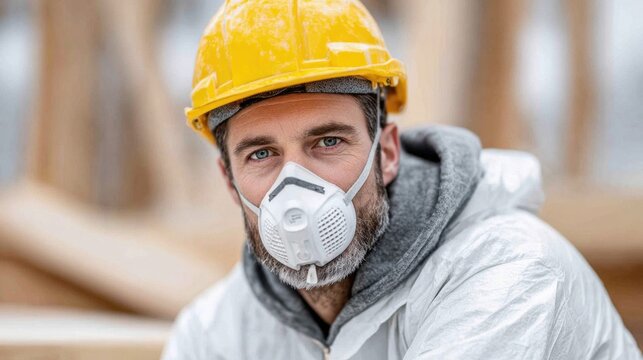 Construction worker wearing a respirator and hard hat looking at the camera