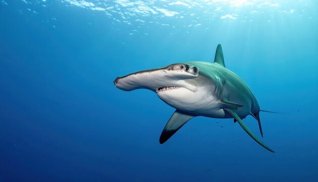 Hammerhead Shark Gliding Through Open Ocean Water with Distinctive Head Shape