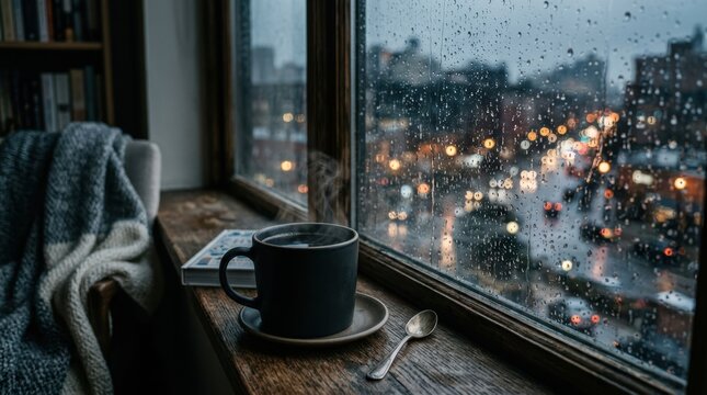 Cozy rainy day with hot coffee and a book by the window