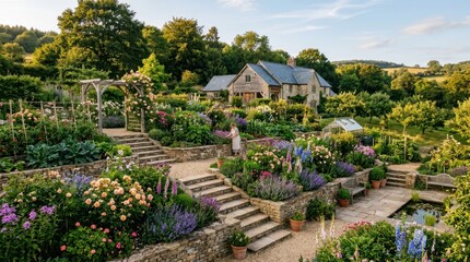Obraz premium Idyllic English country garden with stone house and abundant blooming flowers