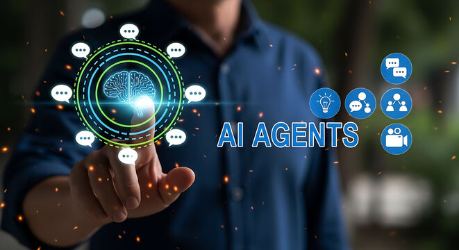 AI agents concept with businessman touching digital brain interface network