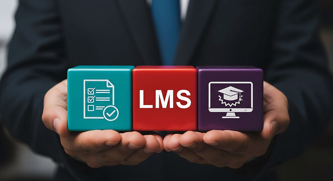 Businessman holding LMS blocks for learning management system concept