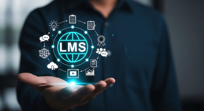 LMS Learning Management System concept with icons and businessman hand closeup