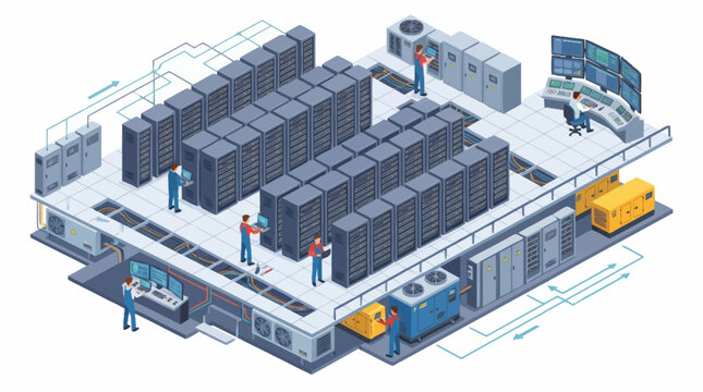 Modern data center with server racks and cooling systems.