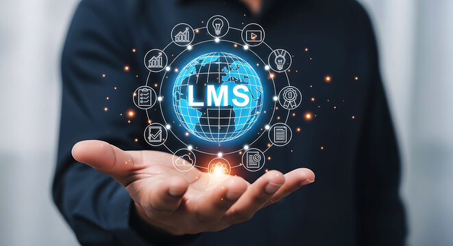 LMS learning management system icon with globe and digital education icons