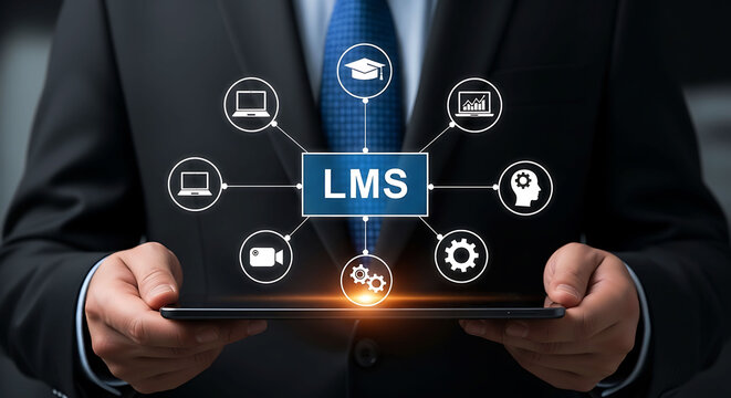 Business professional holding tablet with LMS learning management system concept