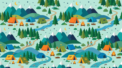 Fototapeta premium Flat vector camping seamless pattern, mountains, tents and campfires, colorful outdoor illustration