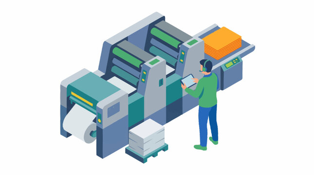 Printing press machine with operator in isometric view.